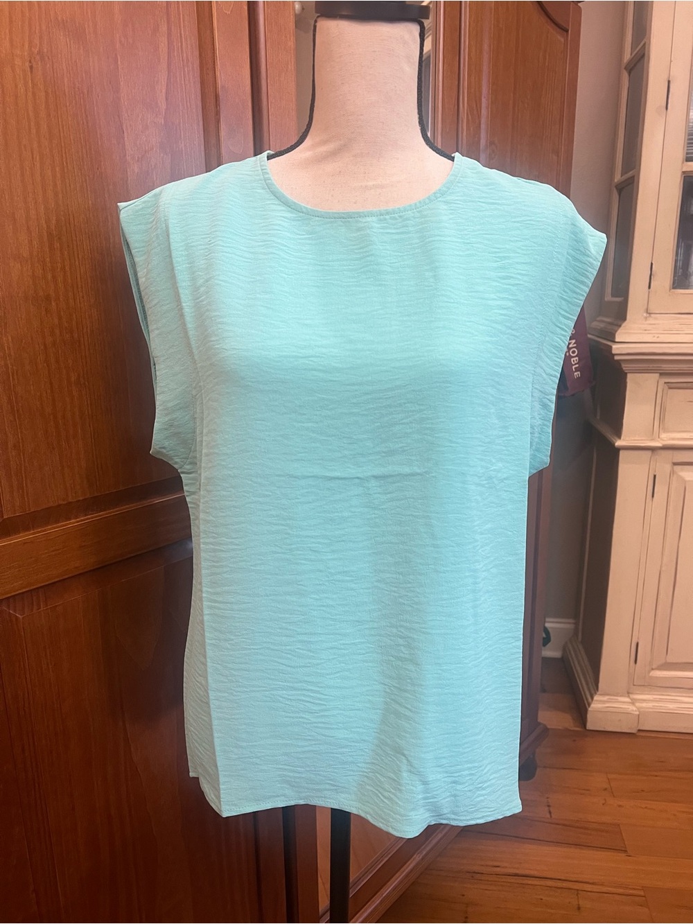 Sleeveless Light Aqua Textured Crewneck Blouse